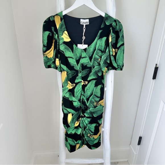 GANNI Ruched Floral Print Stretch Jersey Mini Dress Size 4 - Picture 14 of 15